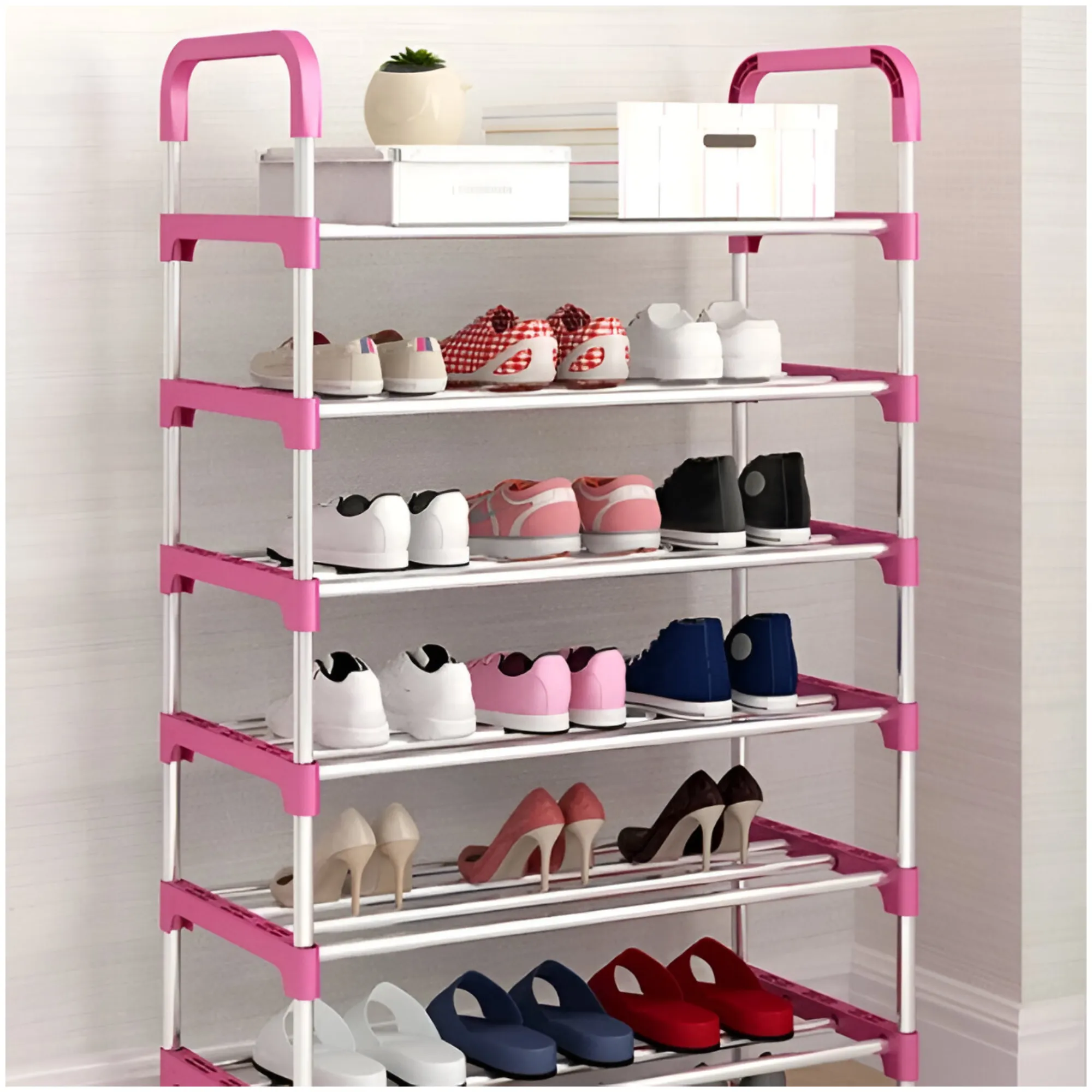 6-Tier Portable Stainless Steel Space-Saving Shoe Rack Organizer Pink Yh9901