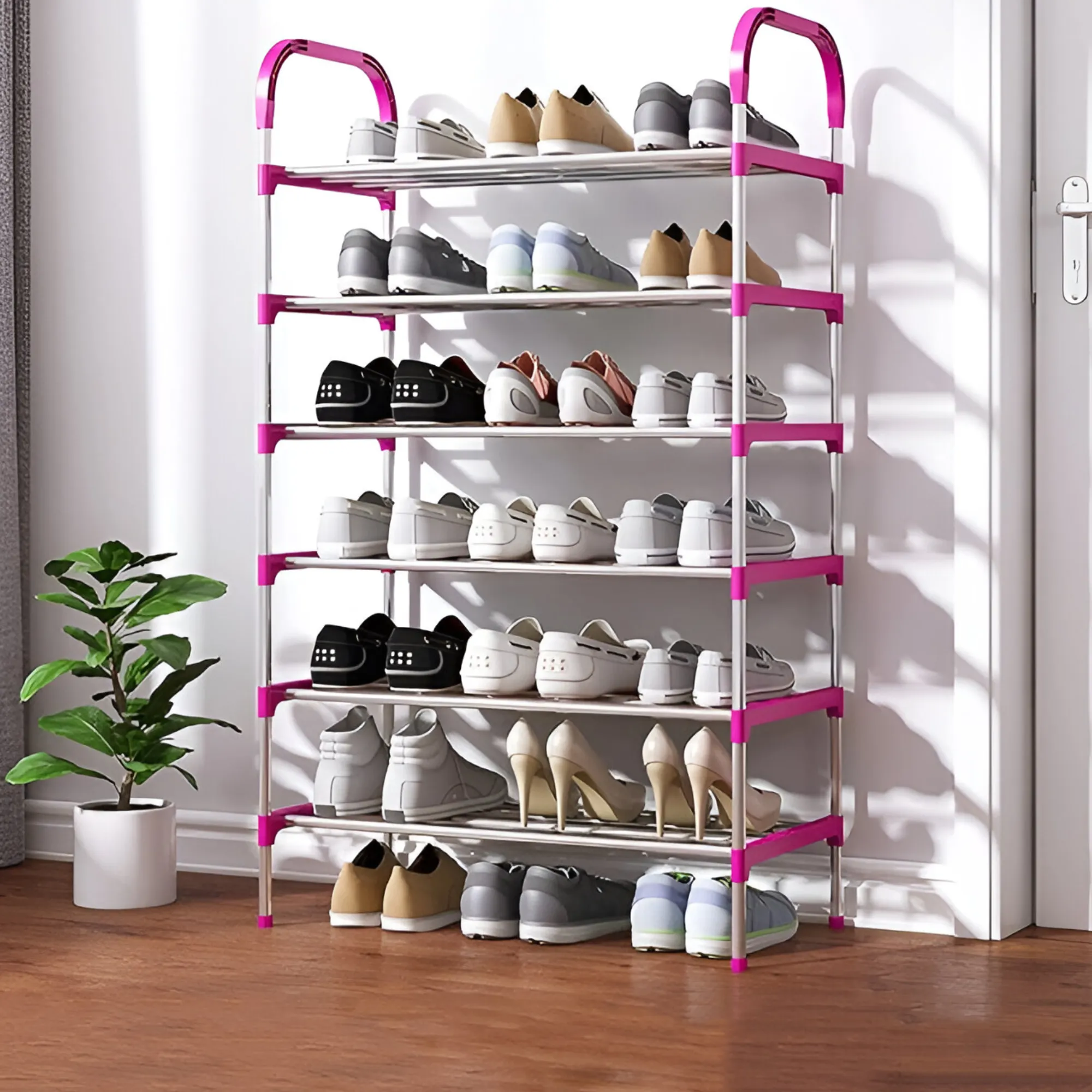 6-Tier Portable Stainless Steel Space-Saving Shoe Rack Organizer Pink Yh9901