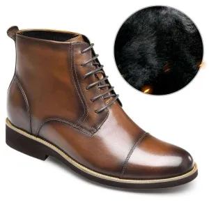 8CM / 3.15 Inches - CMR CHAMARIPA  Height Increasing Boots Brown Leather Elevator Shoes Warm Fur Lined Winter Boots