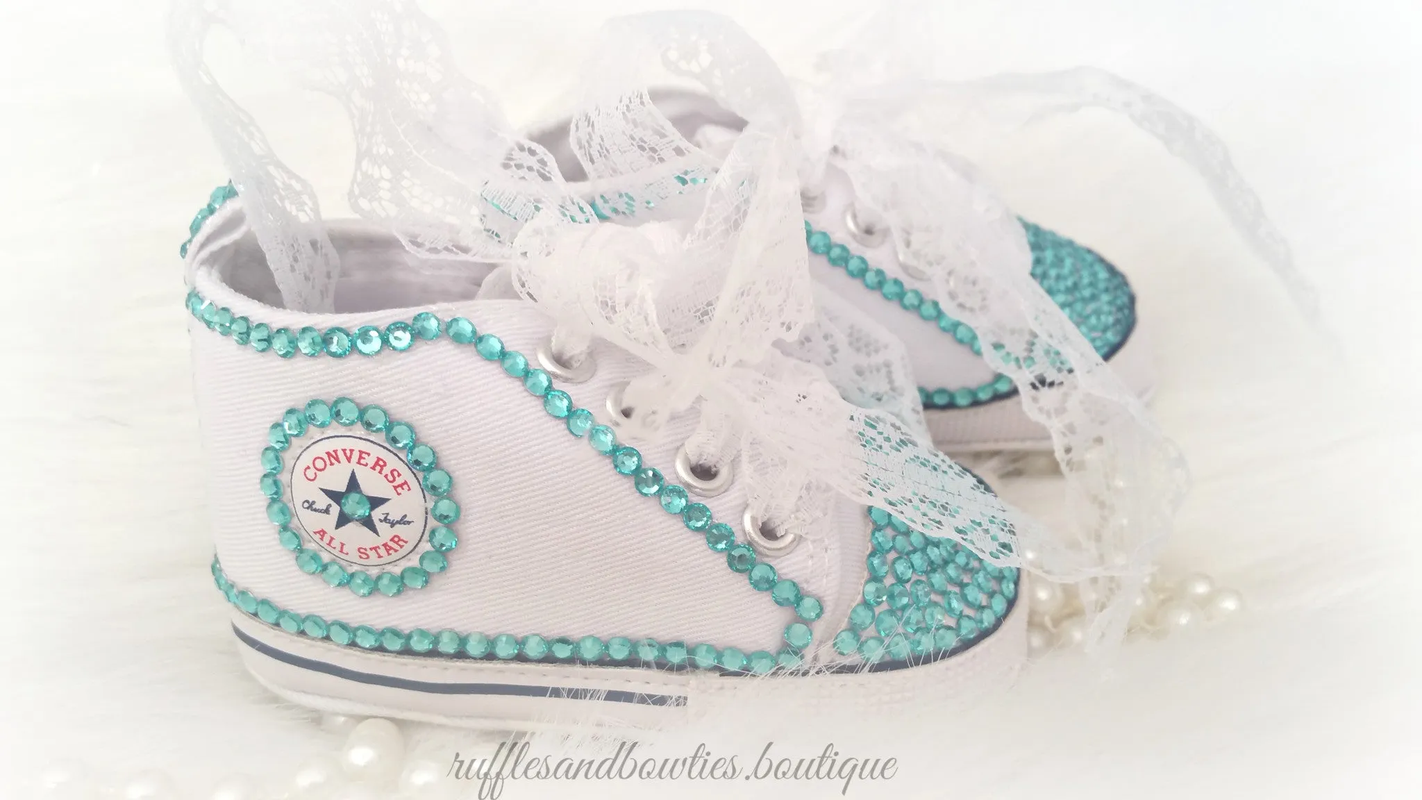 Baby Girl Crystal Shoes White Converse Hightops with Aqua Crystal Accents and Lace Laces