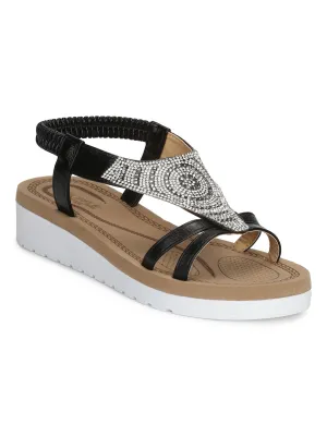 Black PU Diamante Double Strap Platform Slip-On Sandals