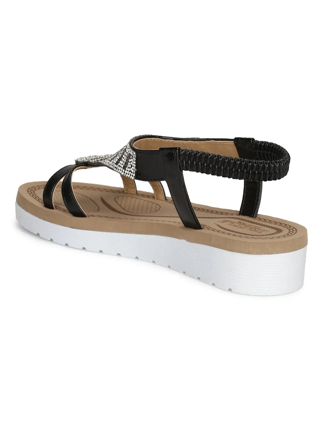 Black PU Diamante Double Strap Platform Slip-On Sandals