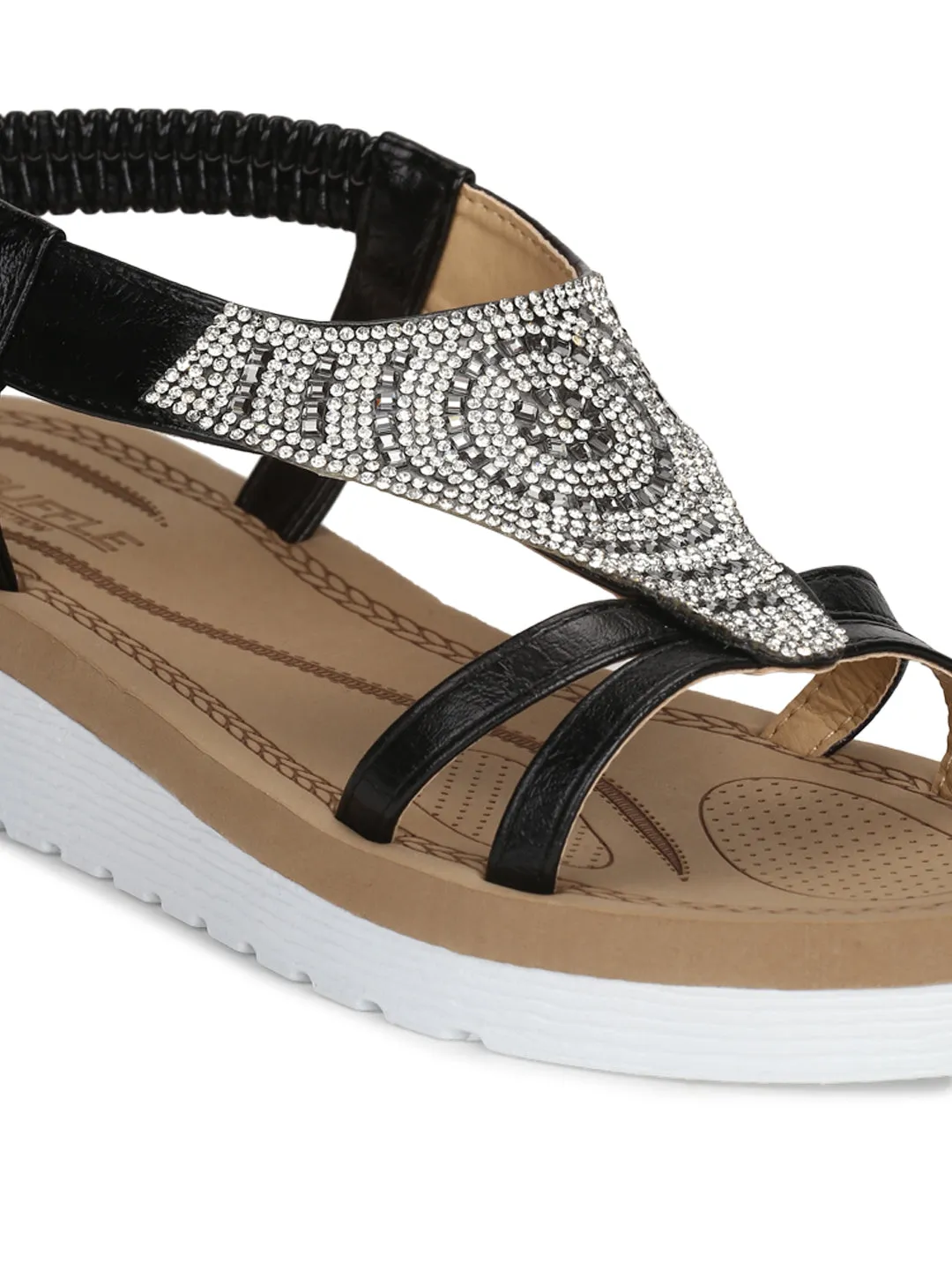 Black PU Diamante Double Strap Platform Slip-On Sandals