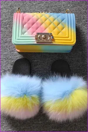 Blue Yellow Pink Kids Fluffy Slides & Purse Set #11 F873