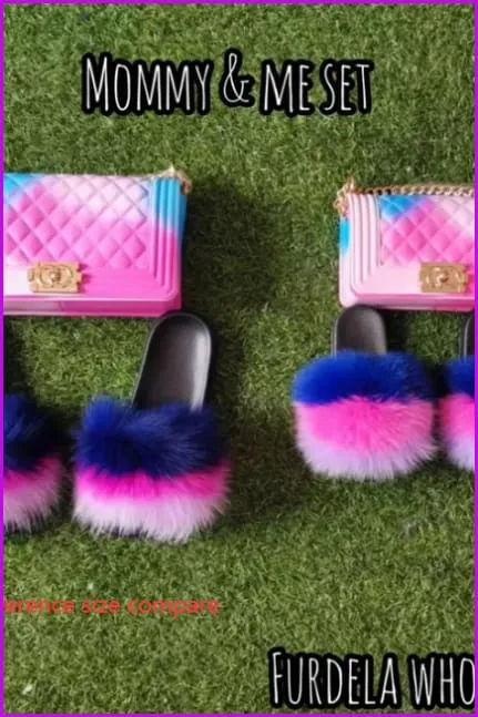 Blue Yellow Pink Kids Fluffy Slides & Purse Set #11 F873