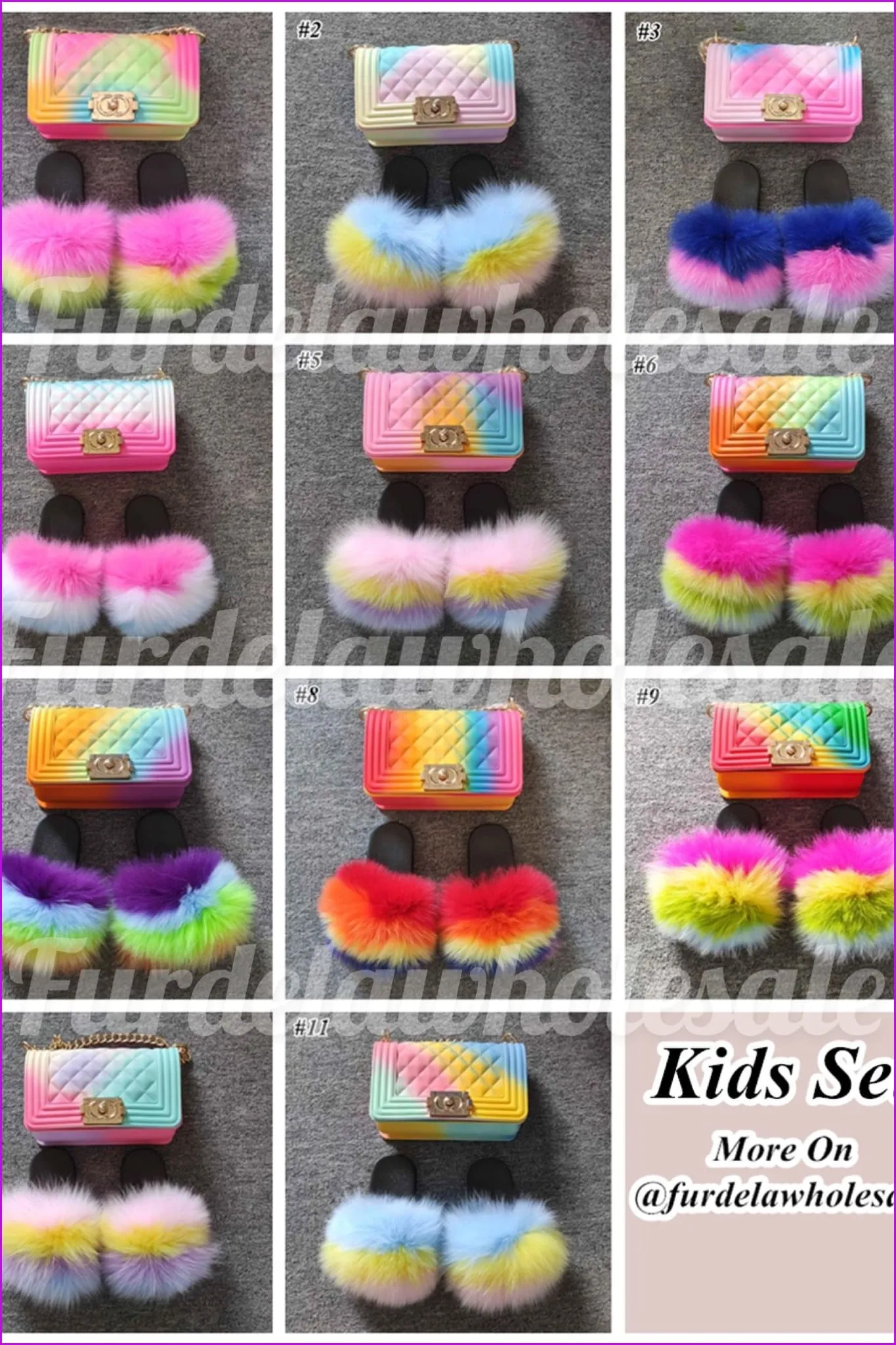 Blue Yellow Pink Kids Fluffy Slides & Purse Set #11 F873