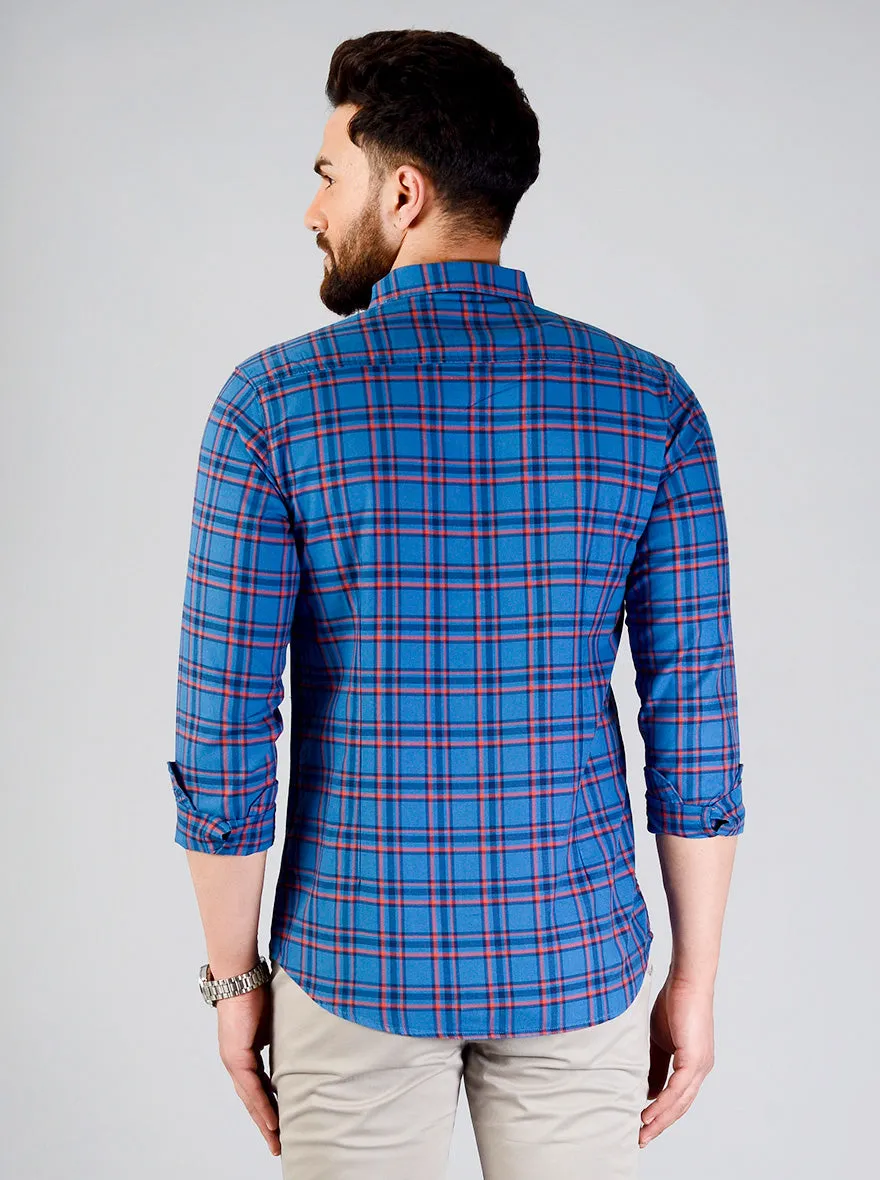 Cobalt Blue Checked Slim Fit Casual Shirt | JadeBlue