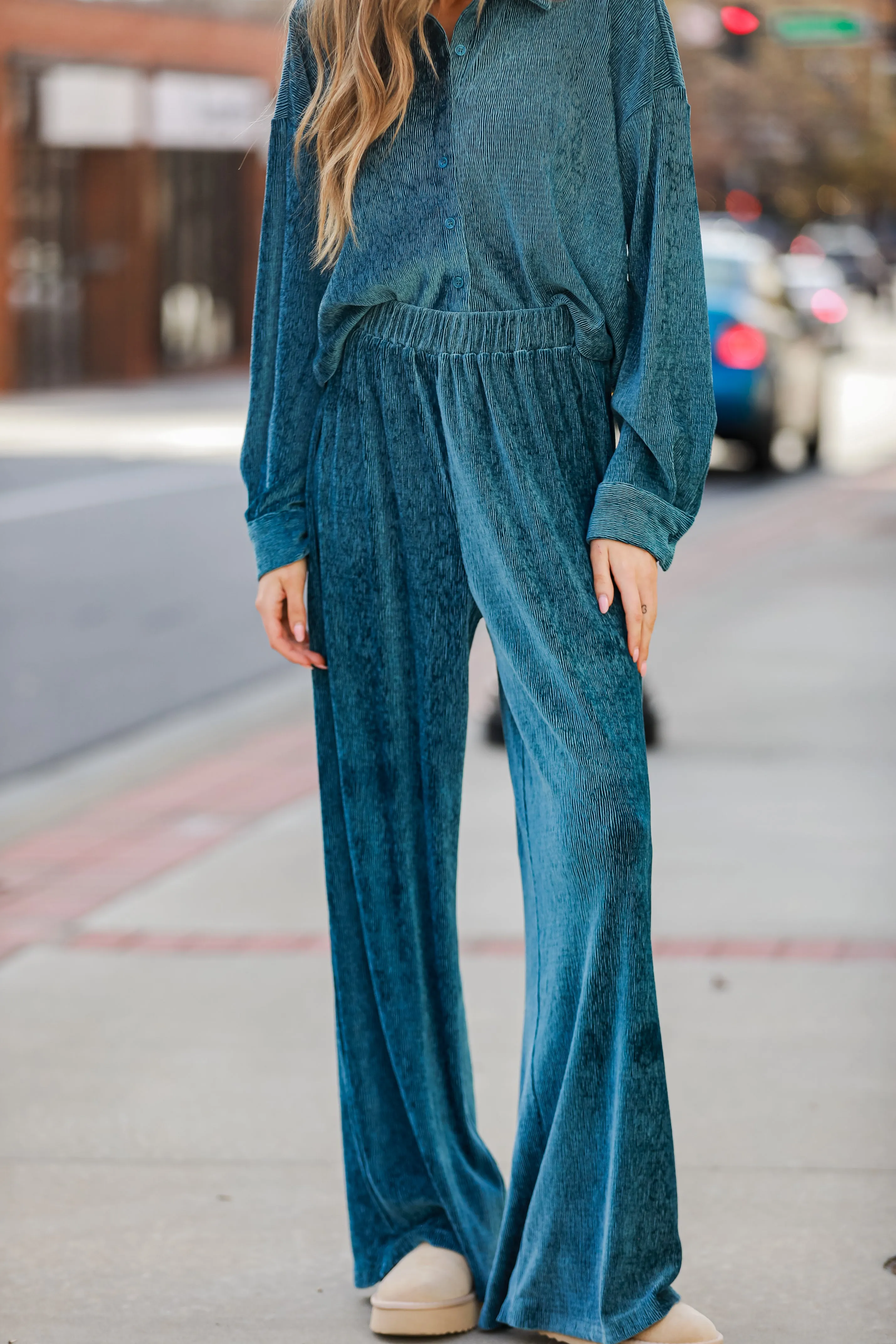 FINAL SALE - Luxurious Dream Teal Velvet Plisse Pants