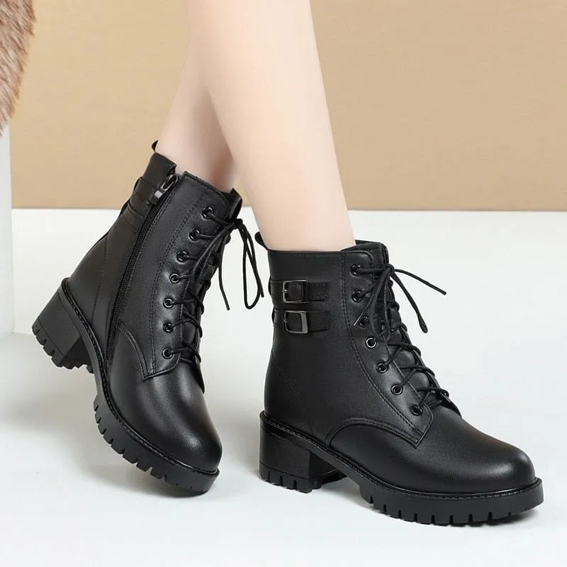 Genuine Leather Natural Wool Warm Mid-Heel Snow Boots For Women