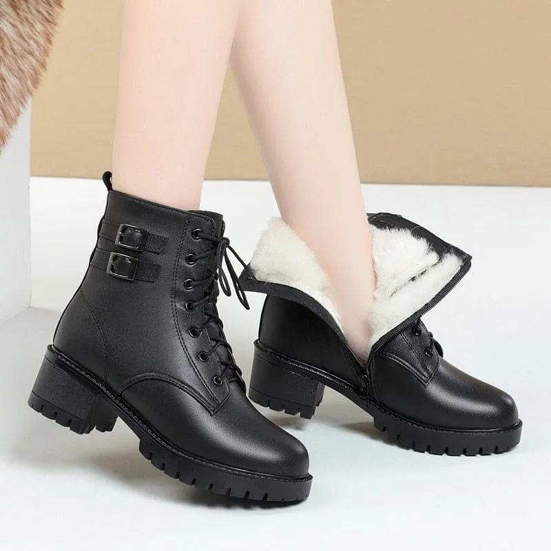 Genuine Leather Natural Wool Warm Mid-Heel Snow Boots For Women