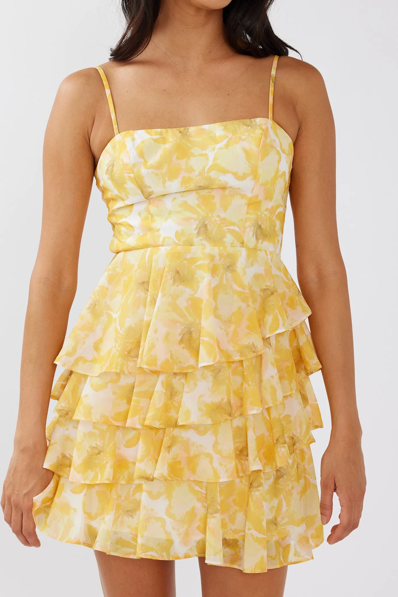 Lauran Tied Back Frill Dress Floral Yellow