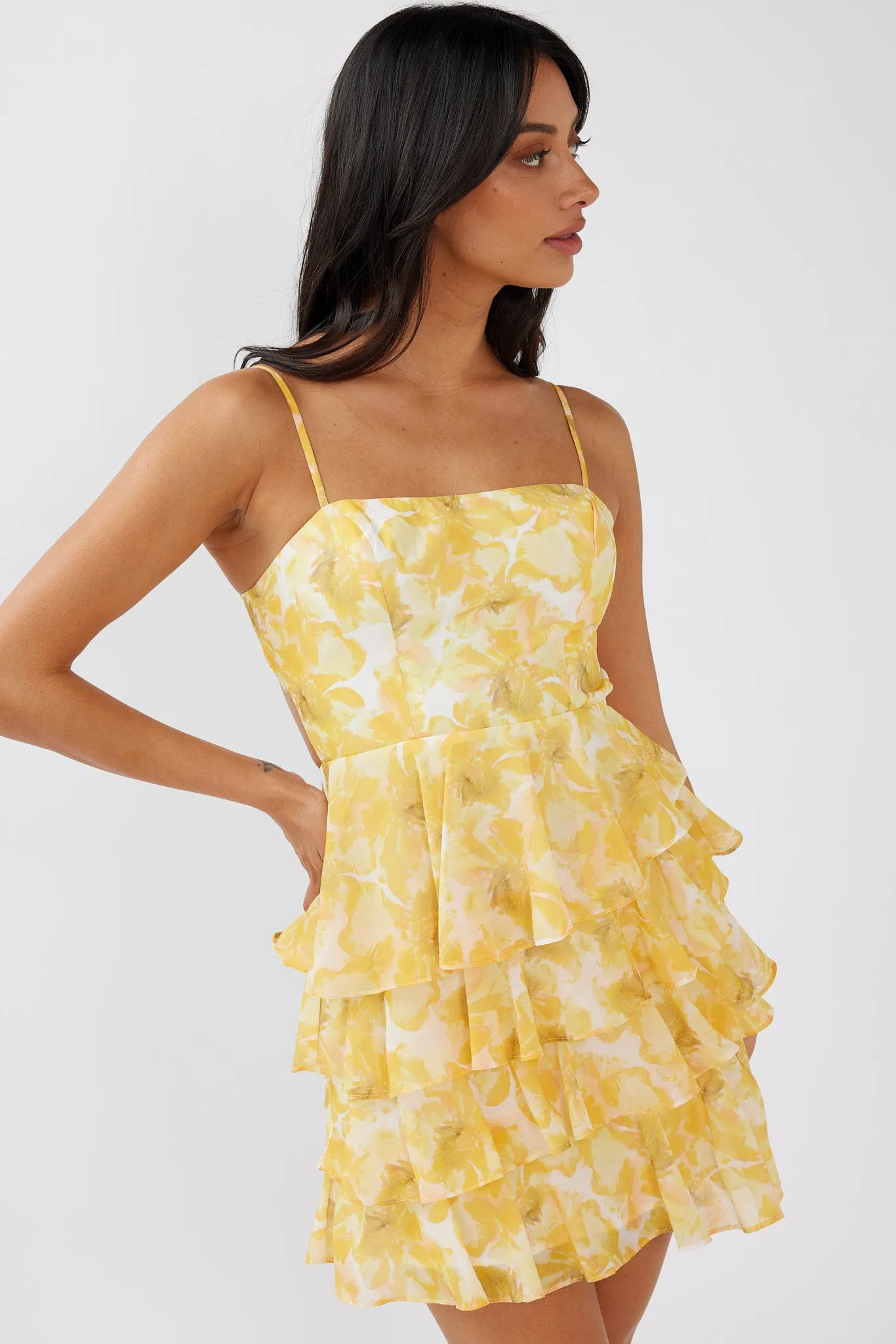 Lauran Tied Back Frill Dress Floral Yellow