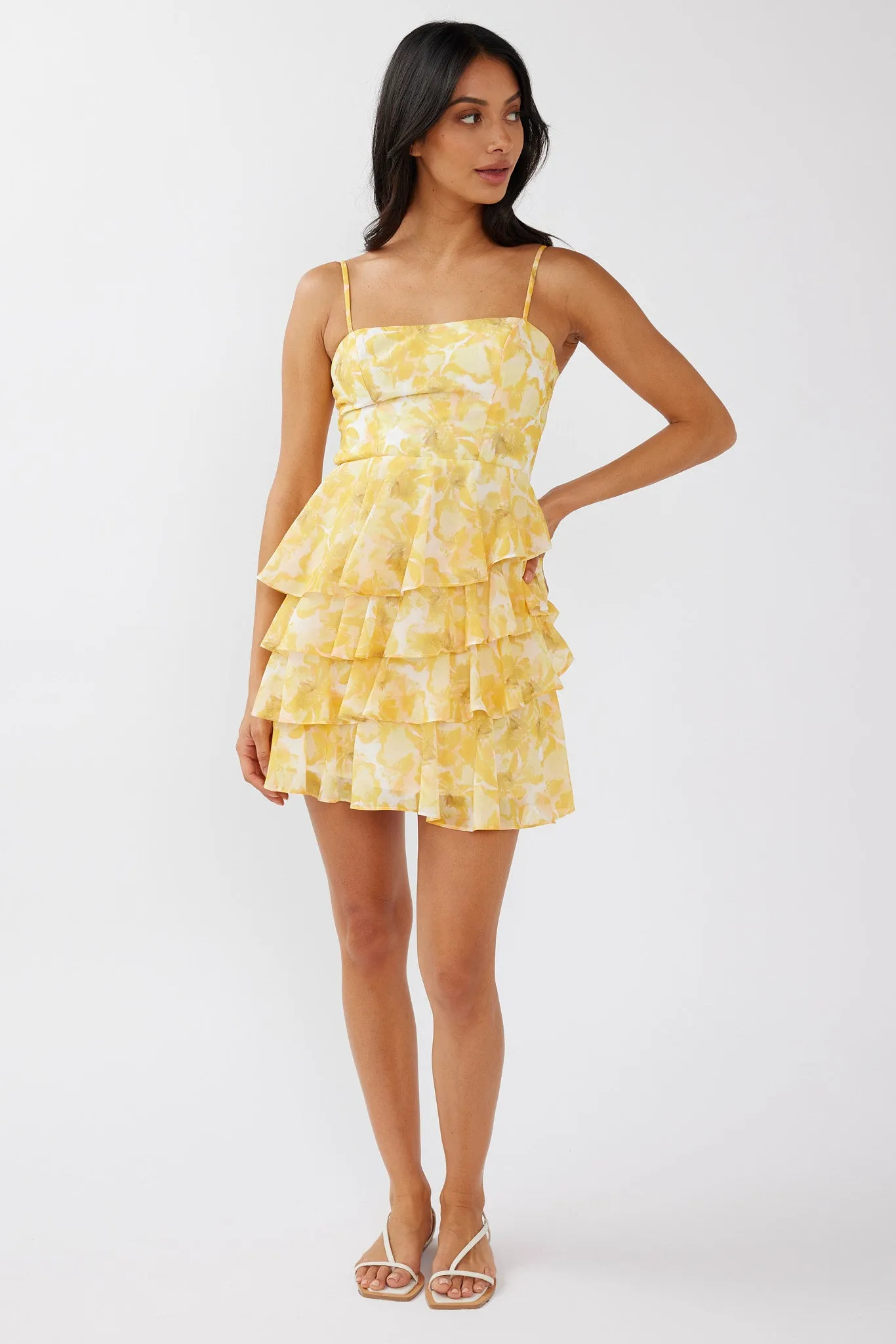 Lauran Tied Back Frill Dress Floral Yellow