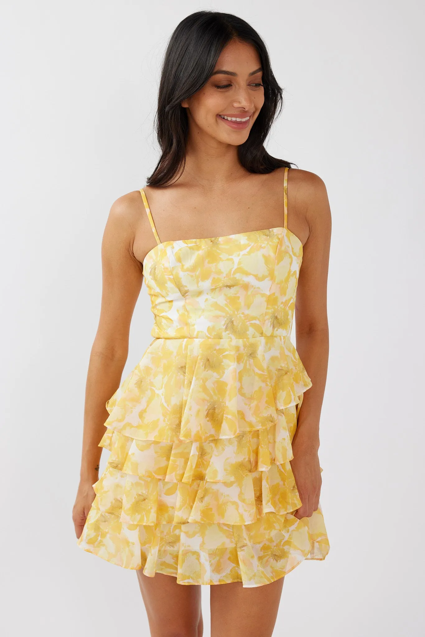 Lauran Tied Back Frill Dress Floral Yellow