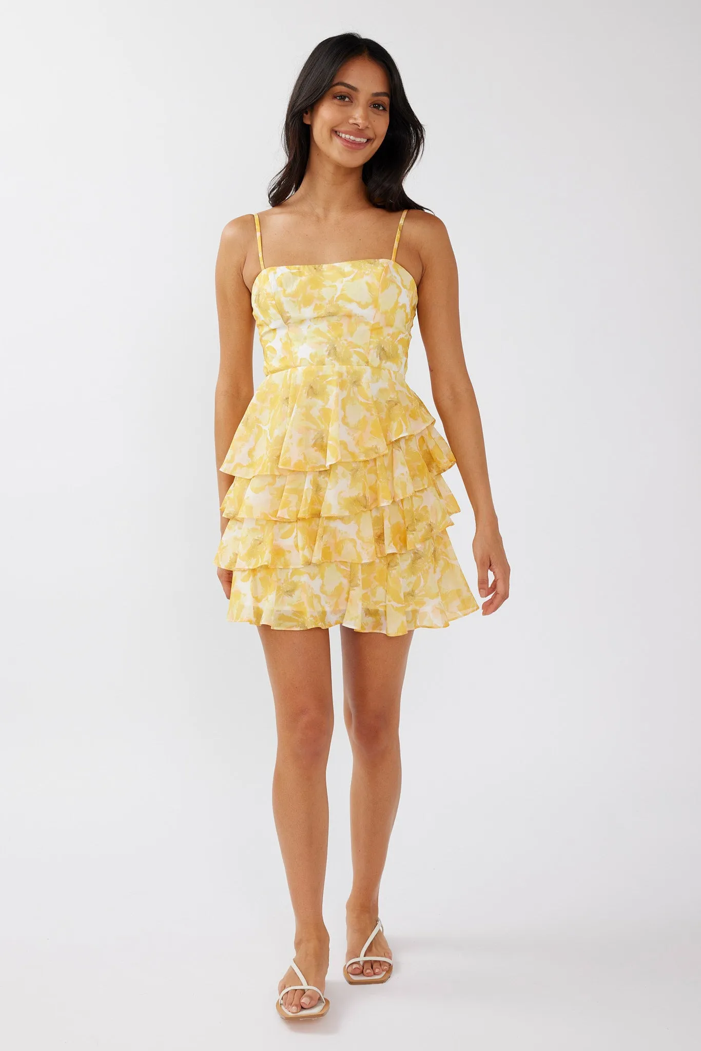 Lauran Tied Back Frill Dress Floral Yellow