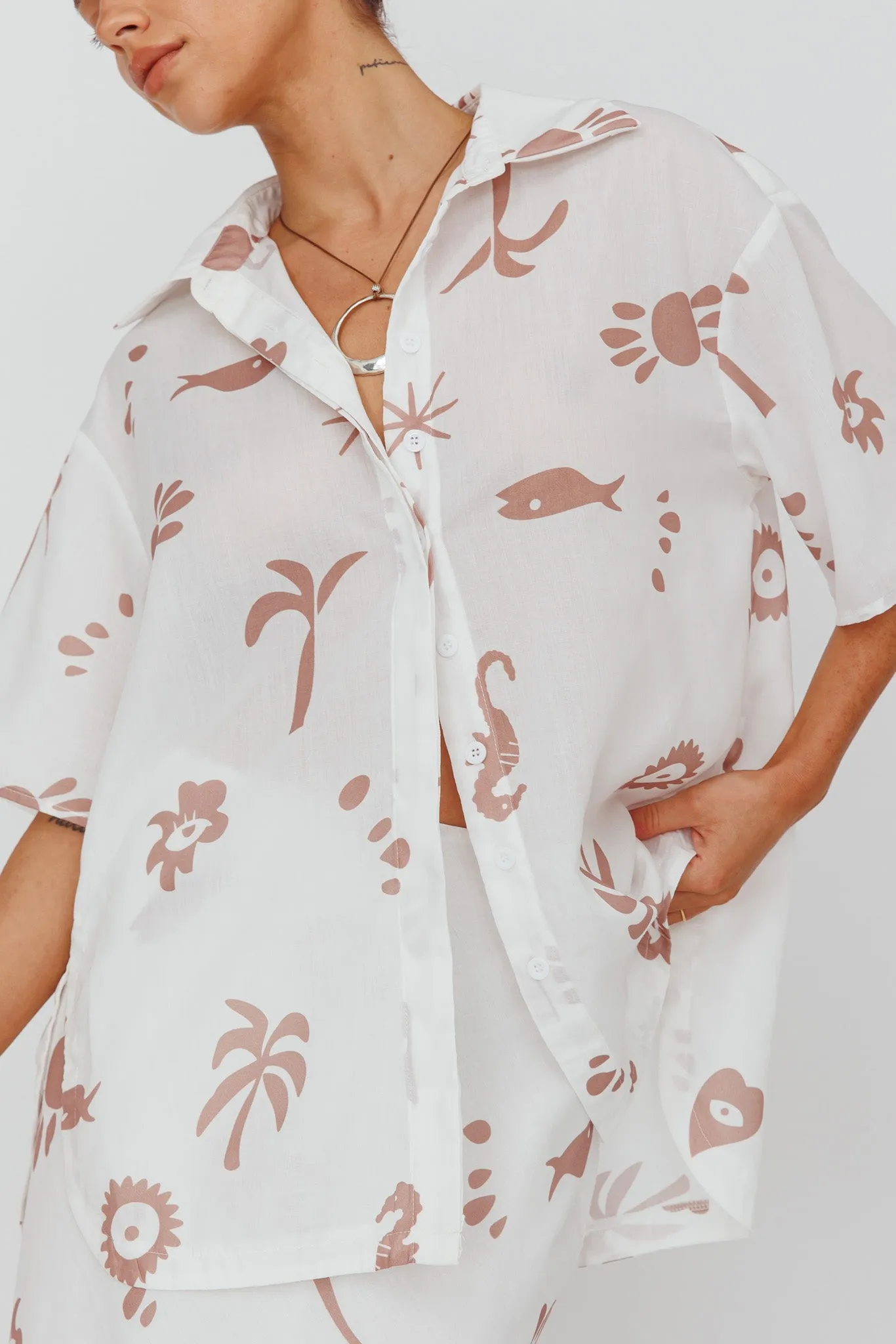 Light Aura Button Up Shirt Print White Tan