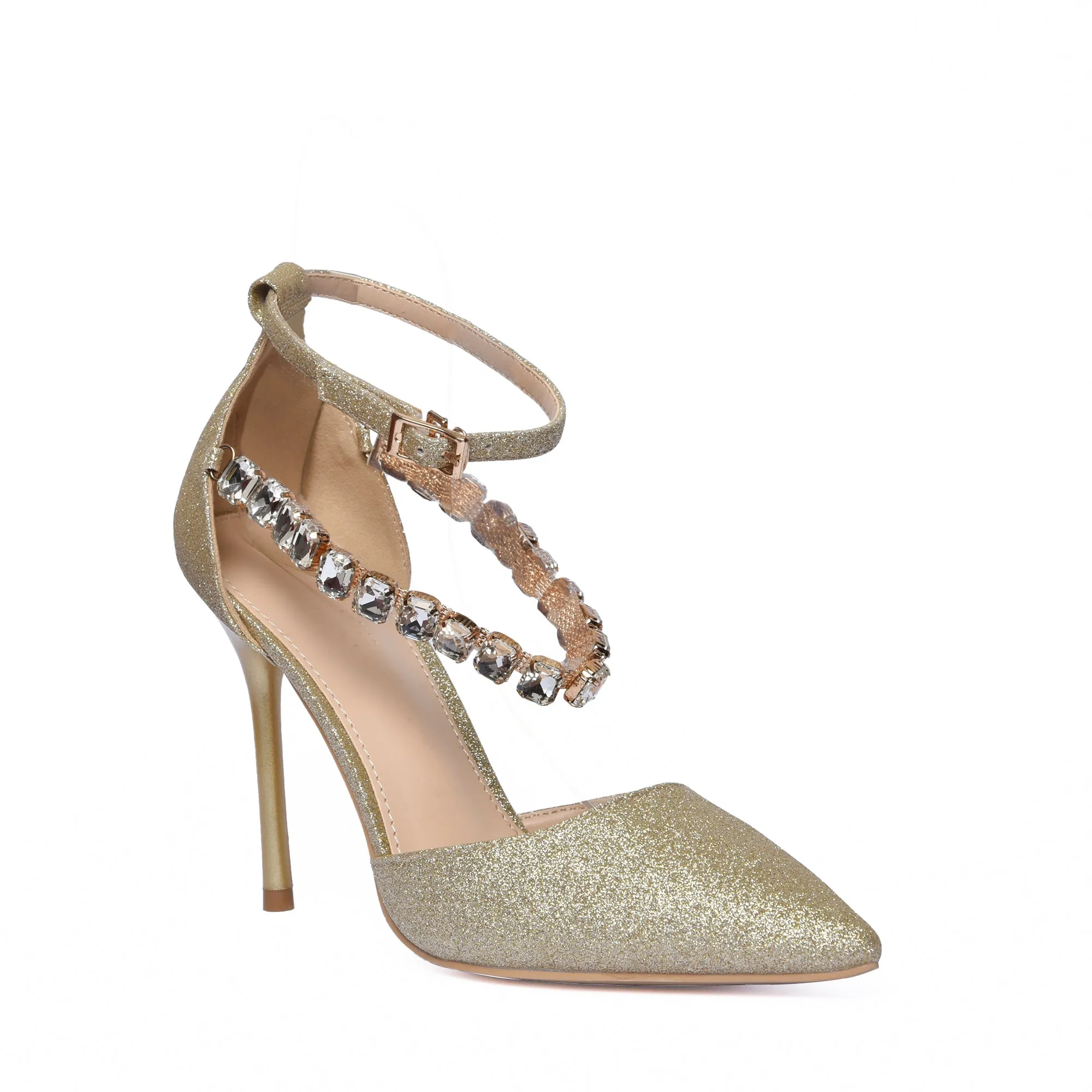 Luxurious Gold Glitter Ankle Strap Heels | 461K-X