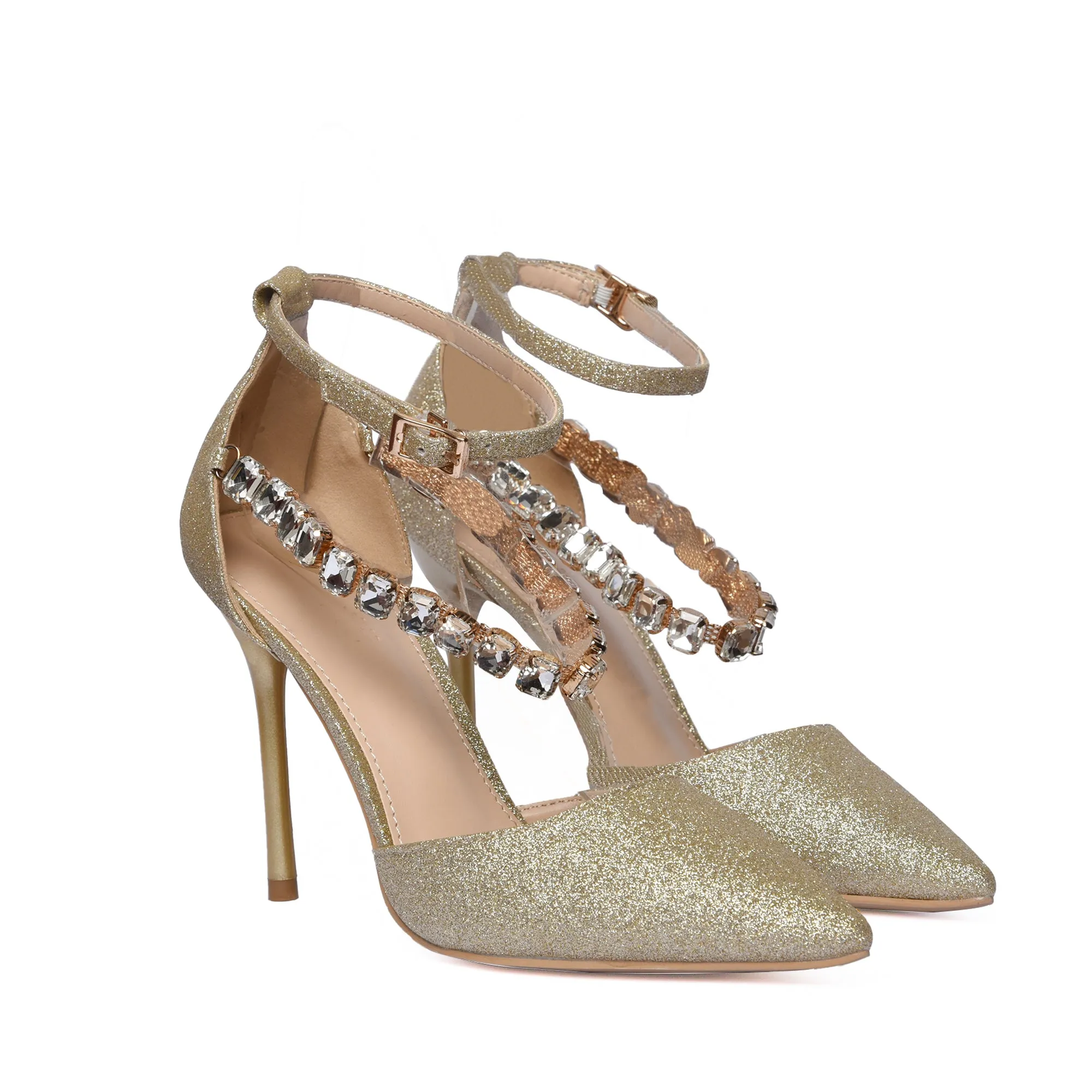 Luxurious Gold Glitter Ankle Strap Heels | 461K-X