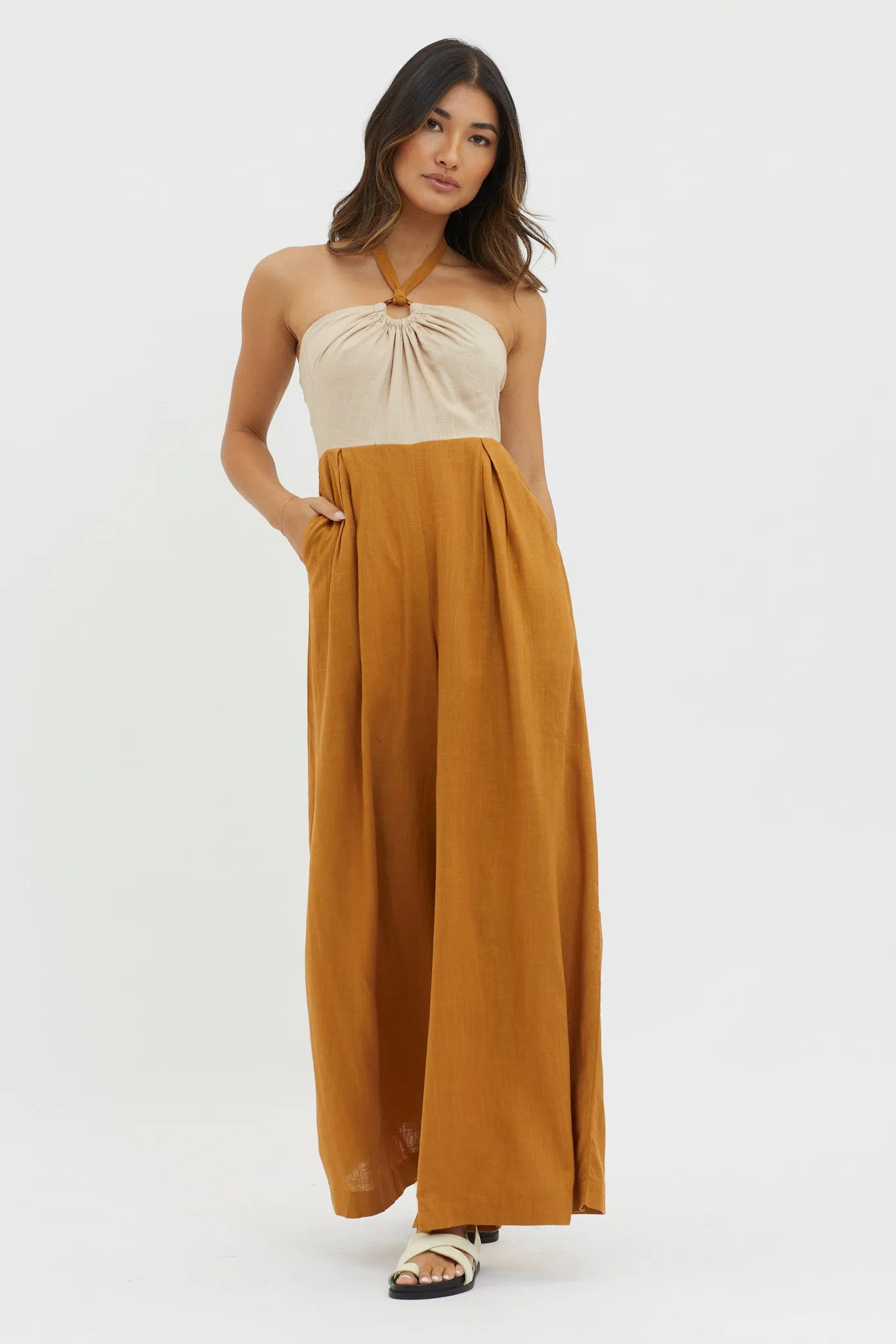 Maryn Wide Leg Halterneck Jumpsuit Mocha