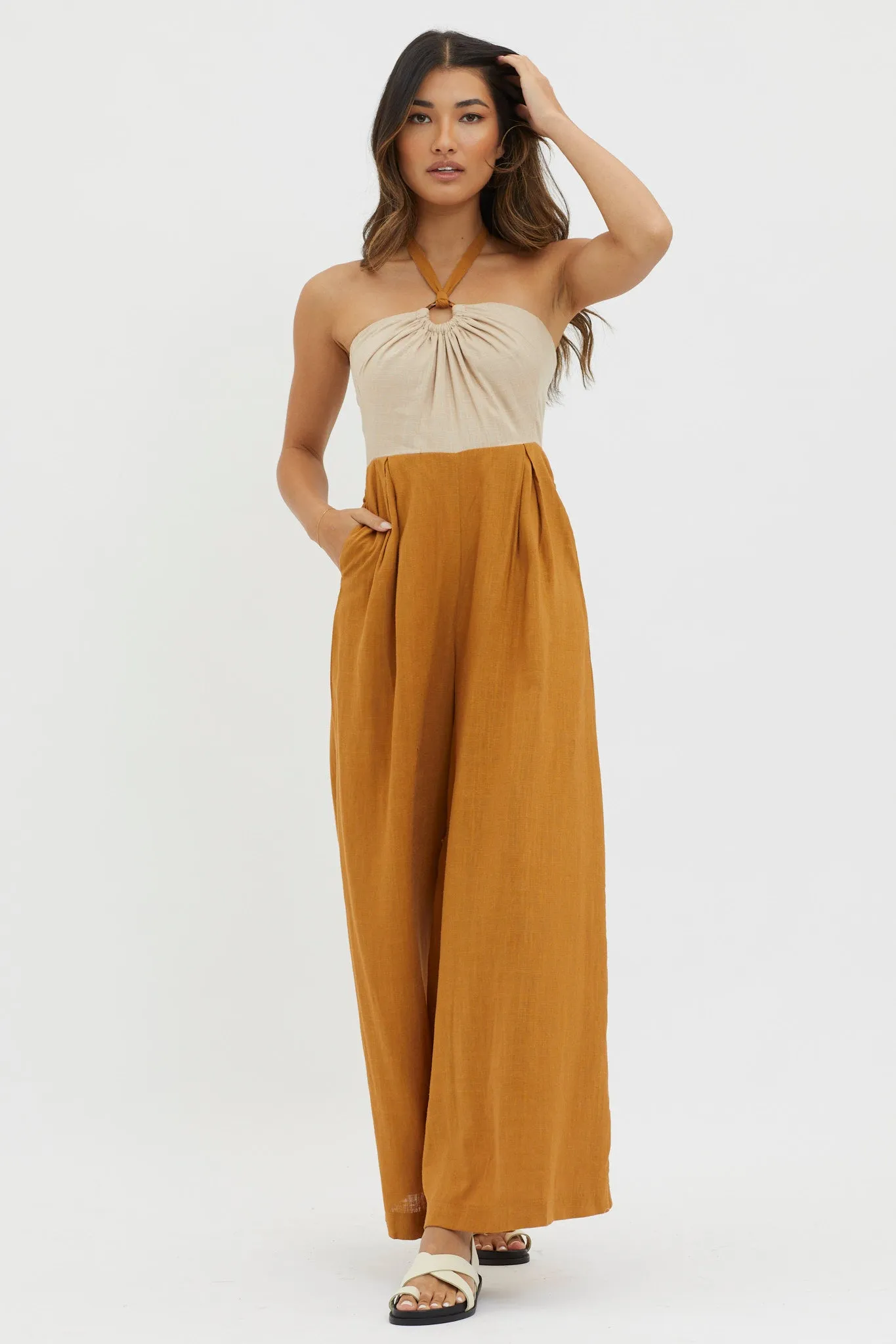 Maryn Wide Leg Halterneck Jumpsuit Mocha