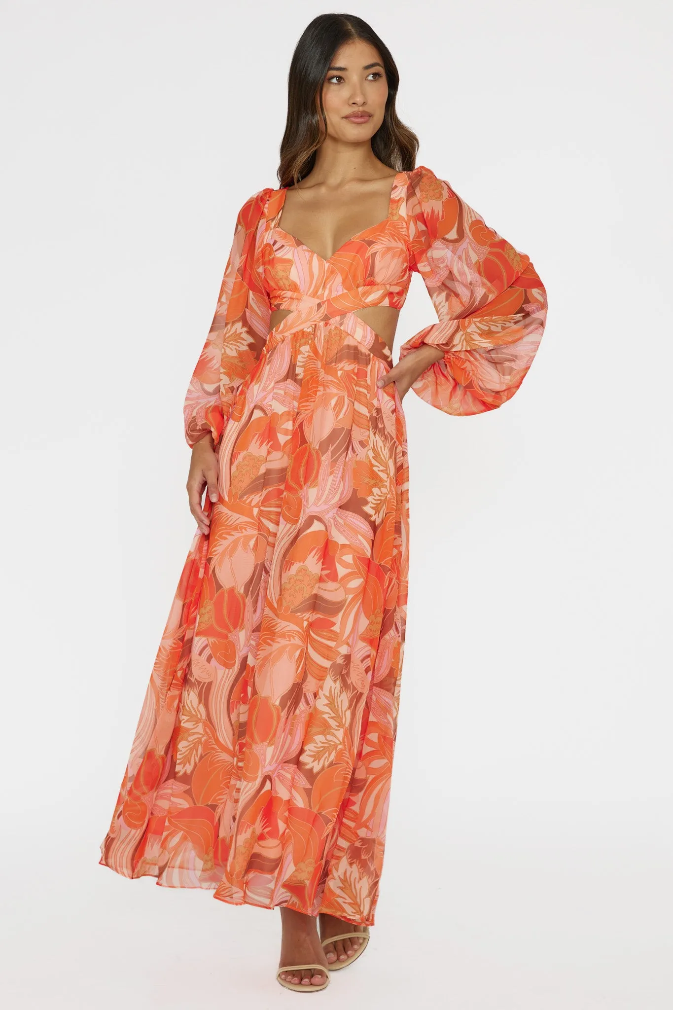 Maura Long Sleeve Lace-Up Back Dress Floral Orange