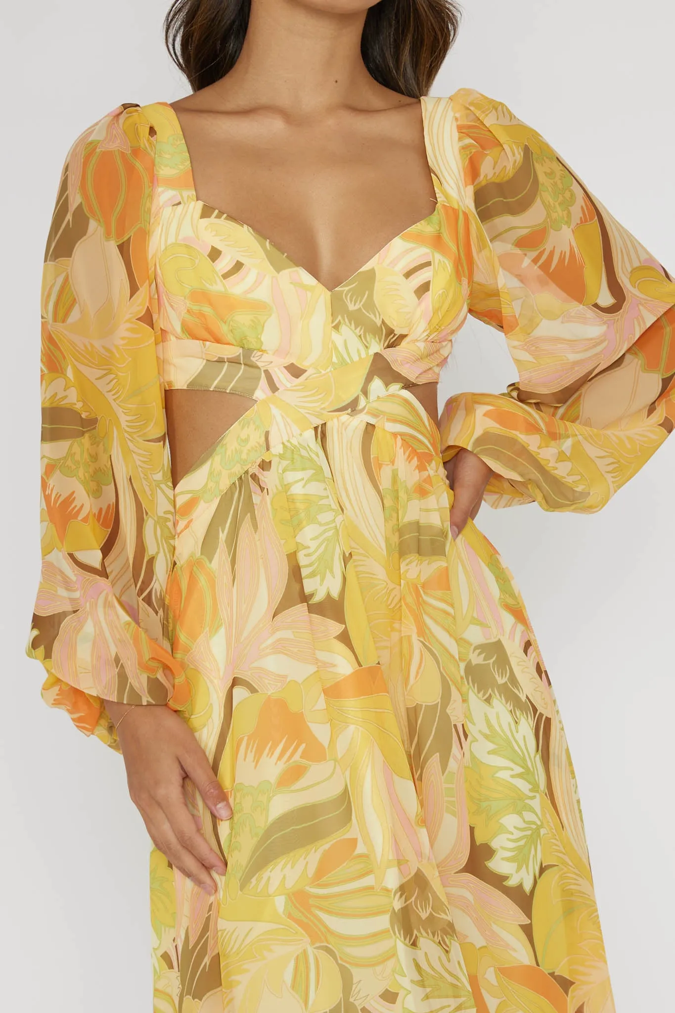 Maura Long Sleeve Lace-Up Back Dress Floral Yellow