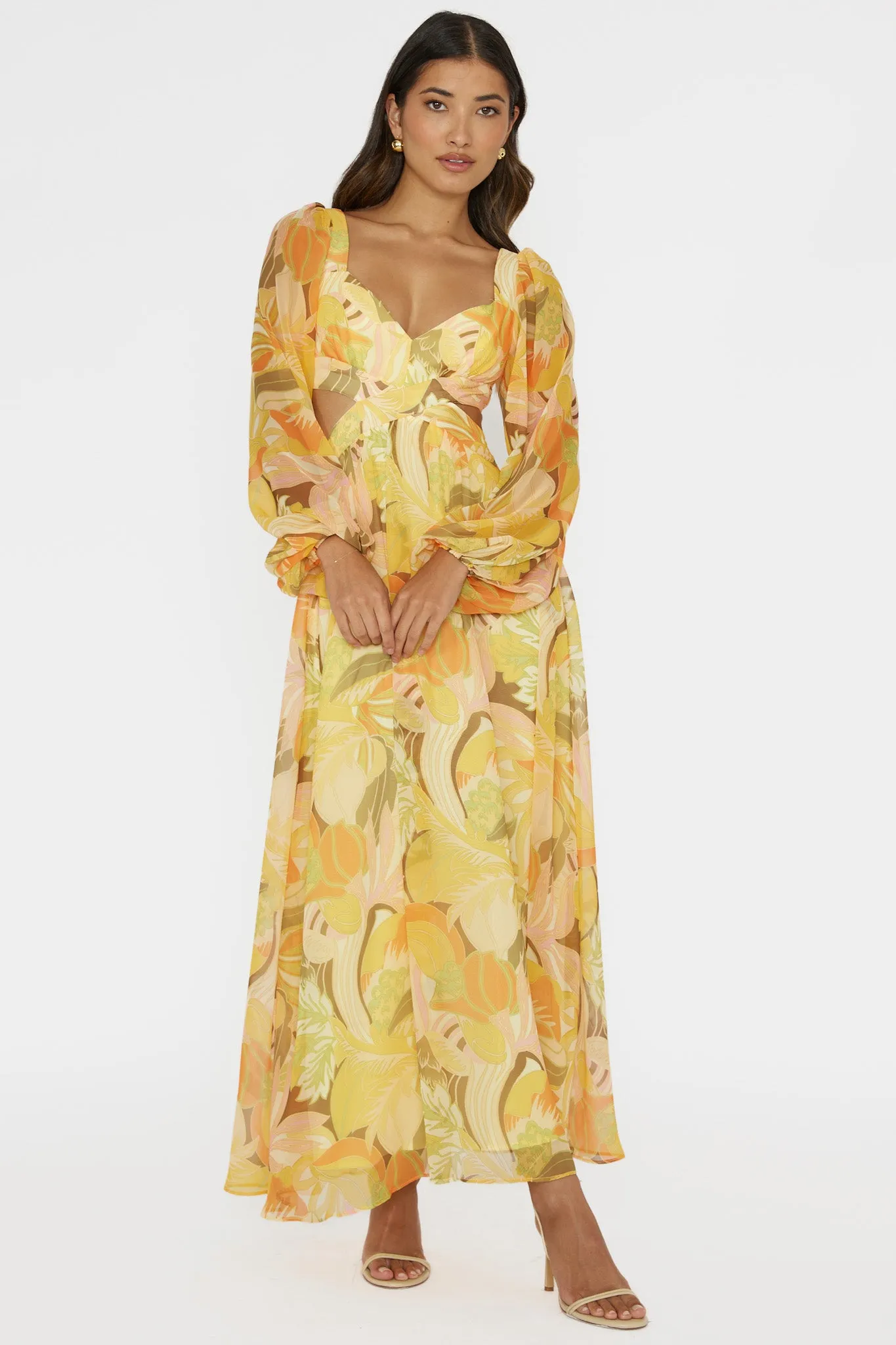 Maura Long Sleeve Lace-Up Back Dress Floral Yellow