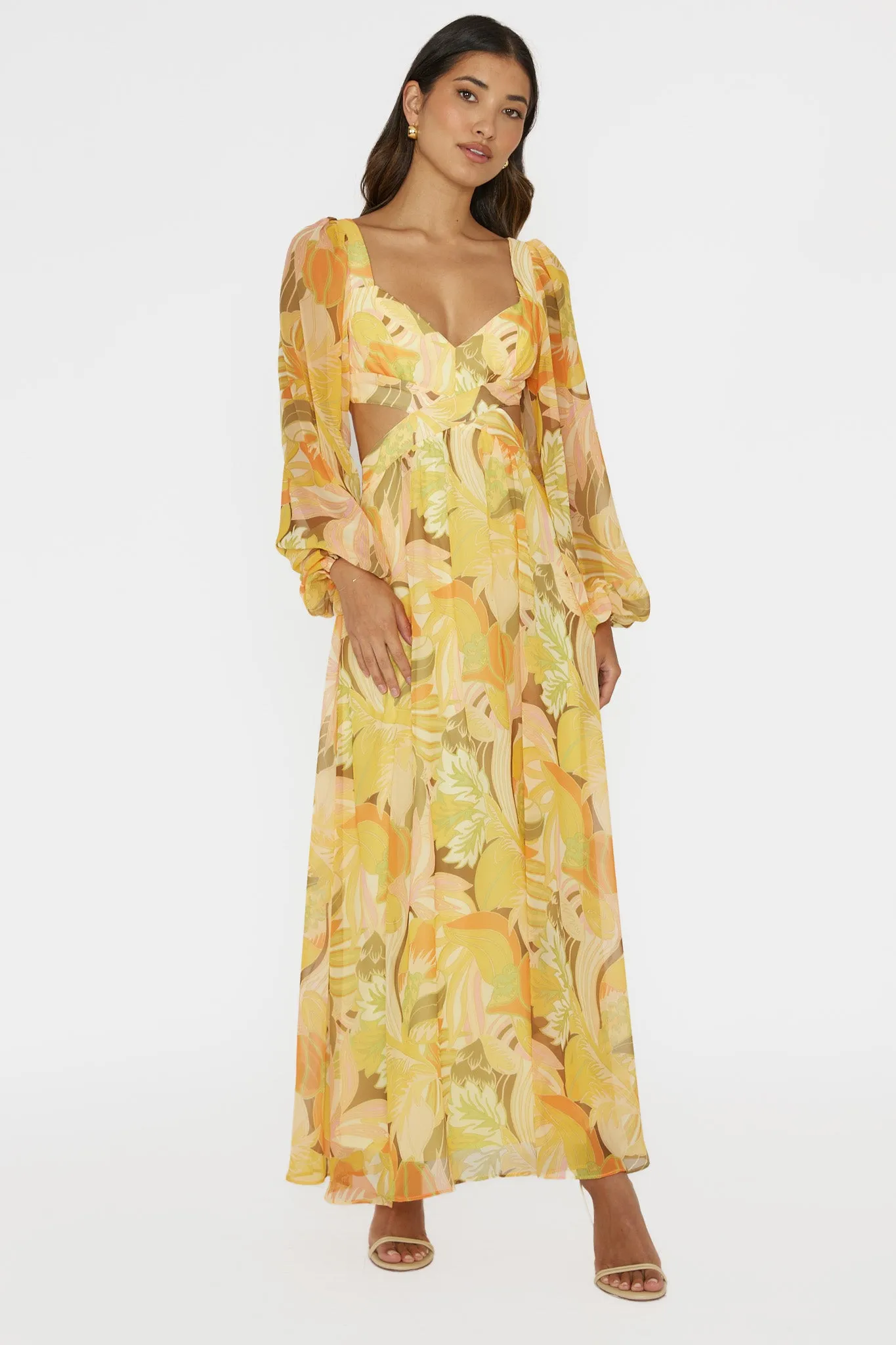 Maura Long Sleeve Lace-Up Back Dress Floral Yellow