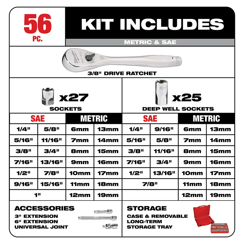 Milwaukee 48-22-9008 3/8-Inch Drive SAE and Metric Ratchet and Socket Set - 56pc