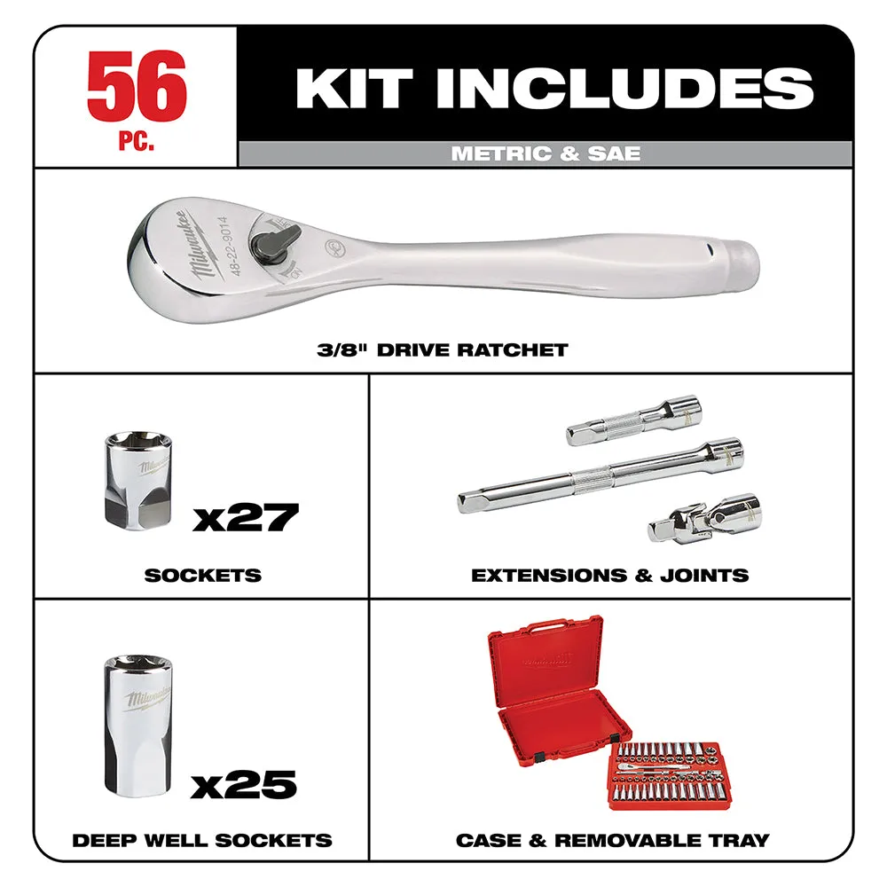 Milwaukee 48-22-9008 3/8-Inch Drive SAE and Metric Ratchet and Socket Set - 56pc