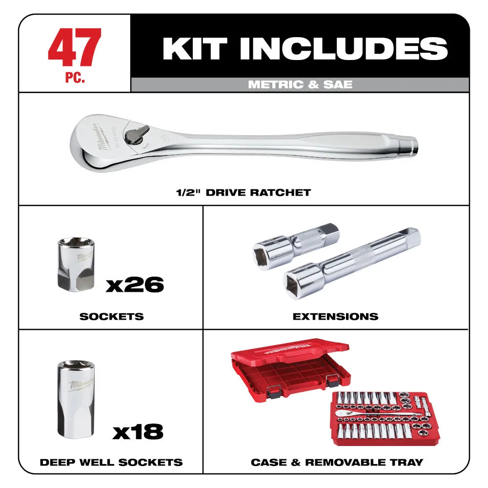 Milwaukee 48-22-9010 1/2" DR 46pc Ratchet & Socket Set - SAE & Metric