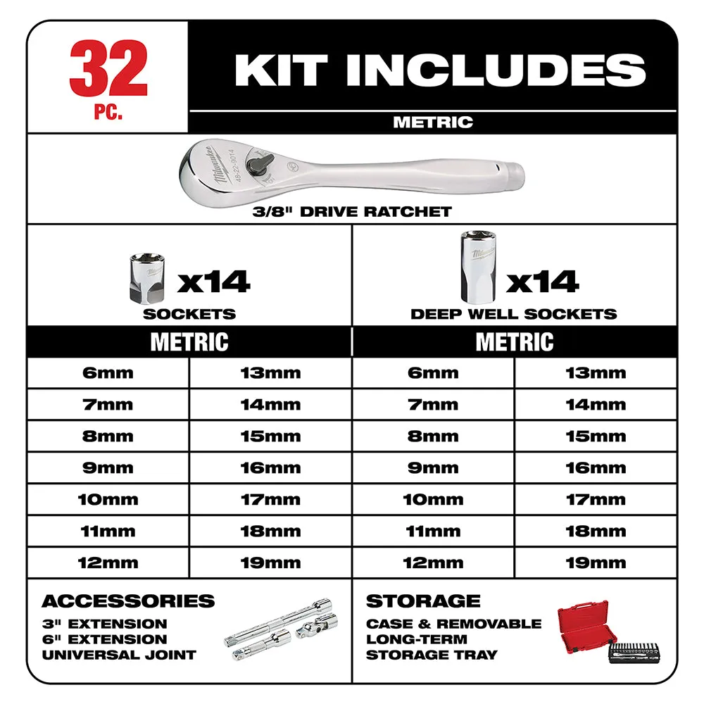 Milwaukee 48-22-9508 3/8-Inch Drive Durable Metric Ratchet and Socket Set - 32pc