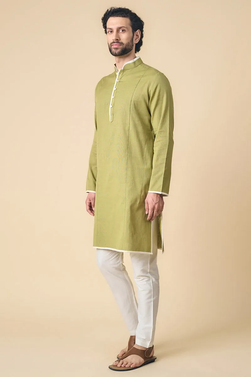 Olive Kurta With Contrast Edge Detailing