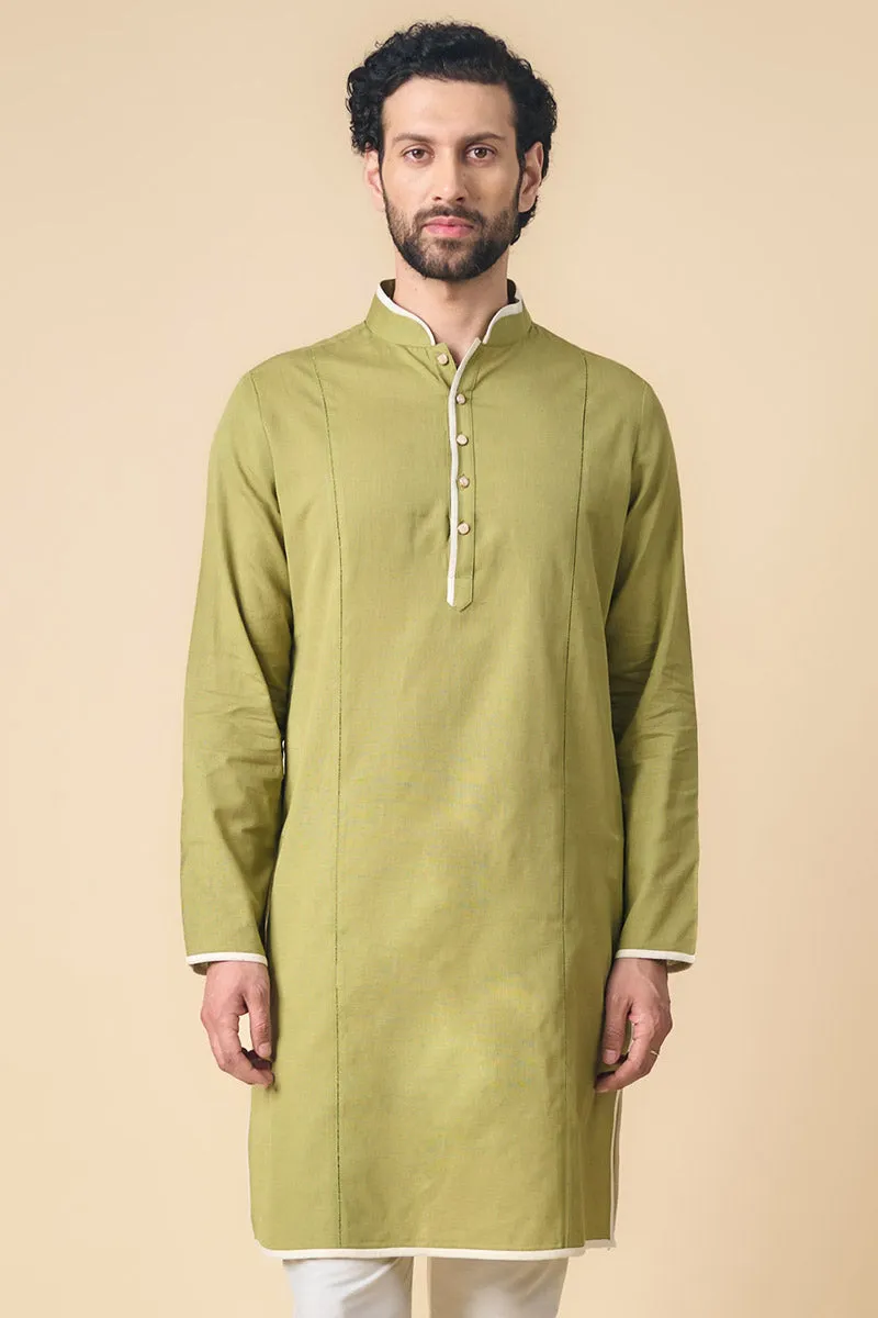 Olive Kurta With Contrast Edge Detailing