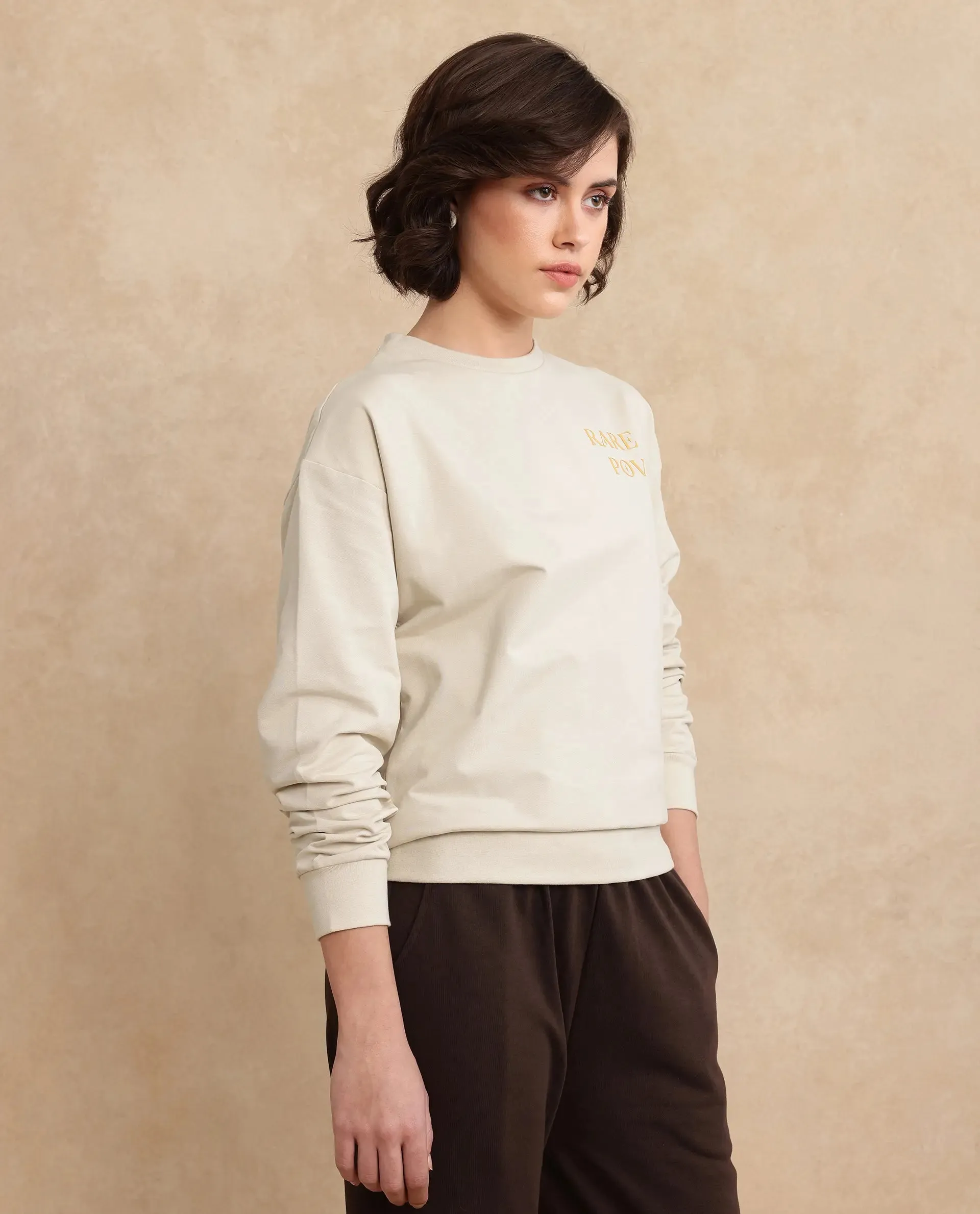 Rareism Women Onwa Beige Full Sleeve Crew Neck Plain Sweatshirt