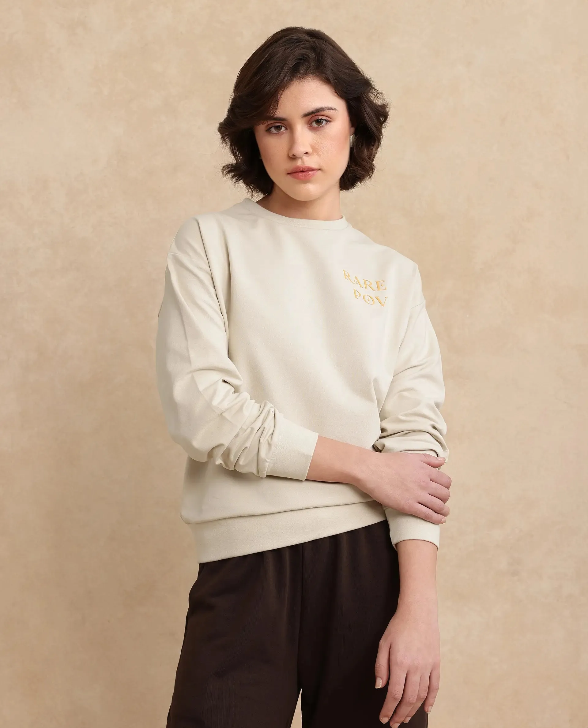 Rareism Women Onwa Beige Full Sleeve Crew Neck Plain Sweatshirt