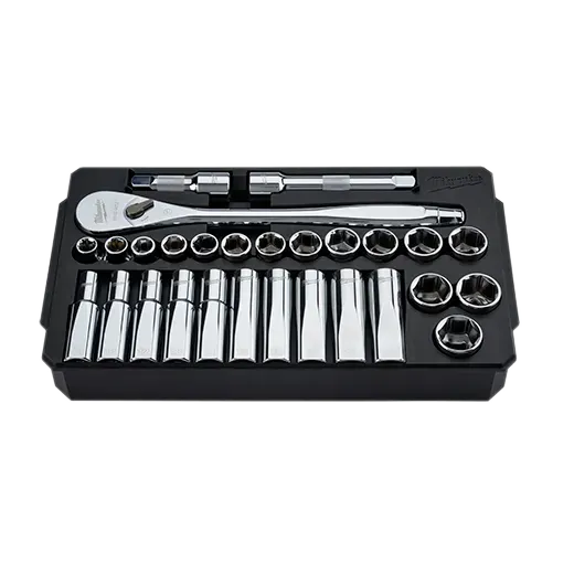 Ratchet and Socket Set - Milwaukee 28 pc 1/2" Drive Metric Ratchet and Socket Set with FOUR FLAT™ Sides, 48-22-9510