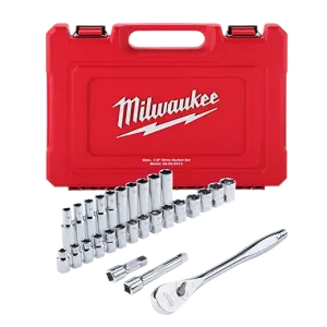 Ratchet and Socket Set - Milwaukee 28 pc 1/2" Drive Metric Ratchet and Socket Set with FOUR FLAT™ Sides, 48-22-9510