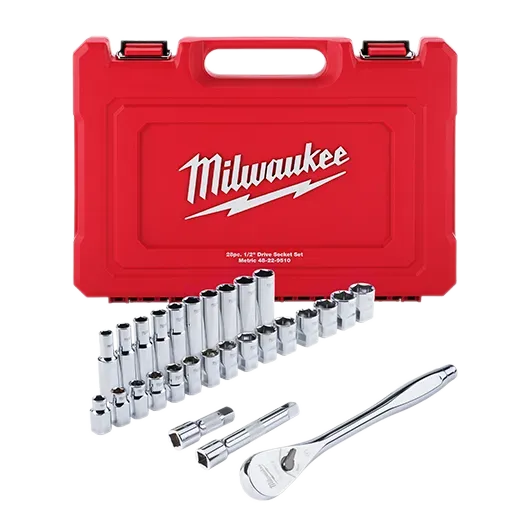 Ratchet and Socket Set - Milwaukee 28 pc 1/2" Drive Metric Ratchet and Socket Set with FOUR FLAT™ Sides, 48-22-9510