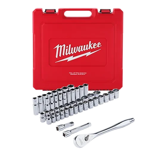 Ratchet and Socket Set - Milwaukee 47pc 1/2" Drive Metric & SAE Ratchet and Socket Set with FOUR FLAT™ Sides, 48-22-9010