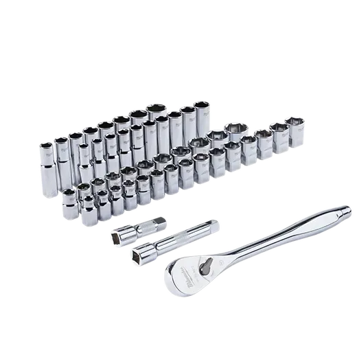 Ratchet and Socket Set - Milwaukee 47pc 1/2" Drive Metric & SAE Ratchet and Socket Set with FOUR FLAT™ Sides, 48-22-9010