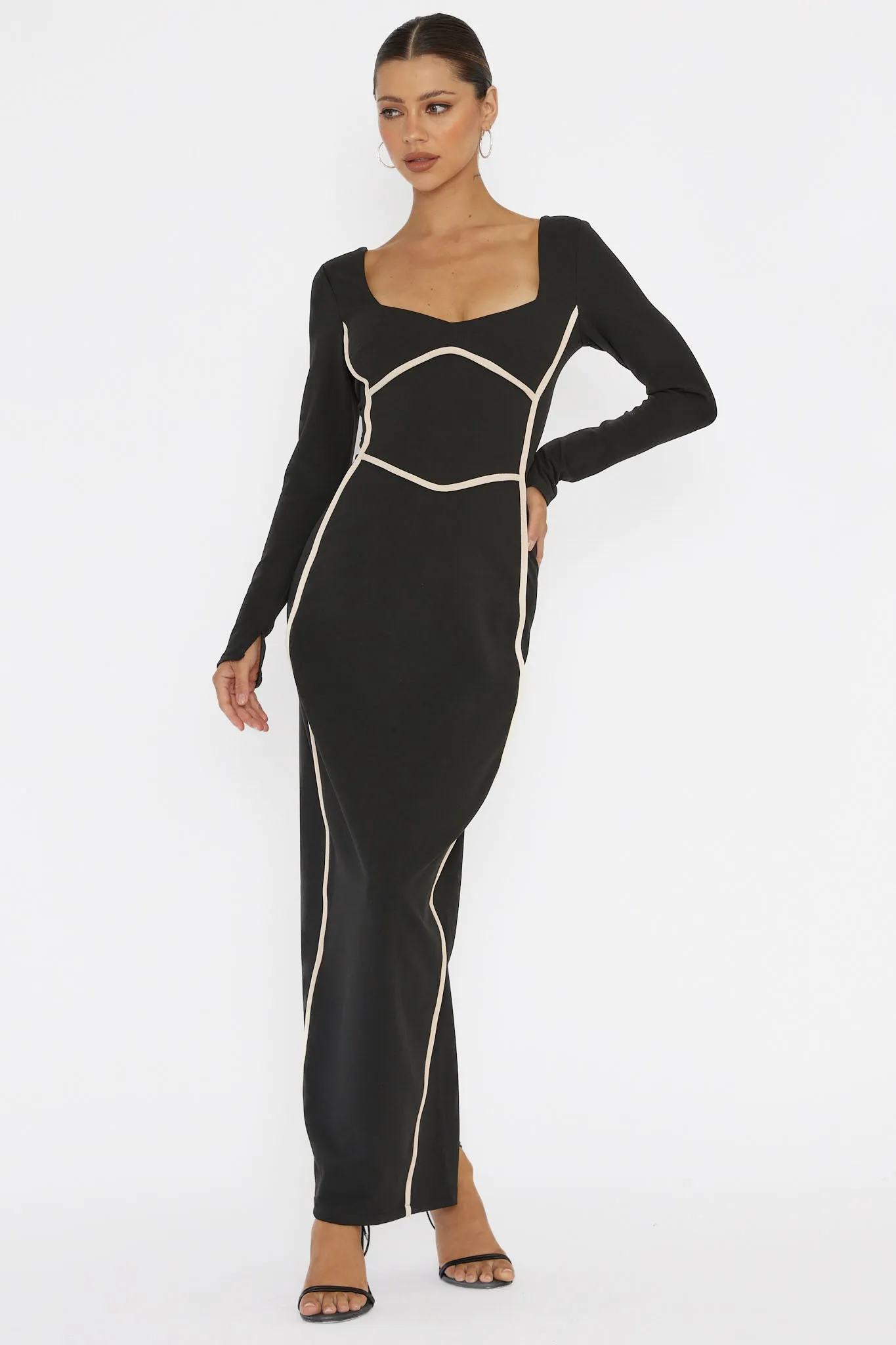 Shenae Long Sleeve Piping Midi Dress Black