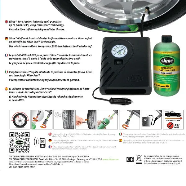 Slime Smart Tyre Repair Kit 12V Compressor And 473ml Solution