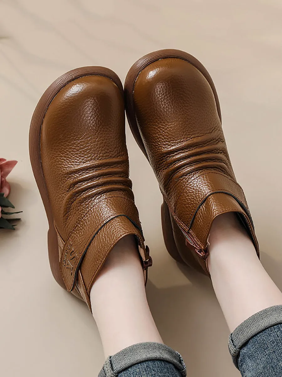 Women Autumn Solid Genuine Leather Low Heel Boots