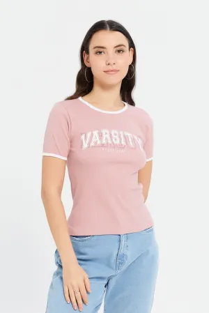 Women Mauve Rib Contrast T-Shirt