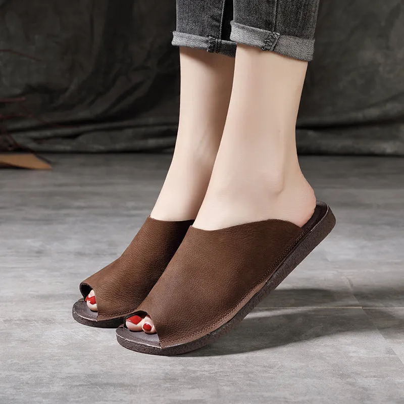 Women Retro Soft Cowhide Summer Flat Slides