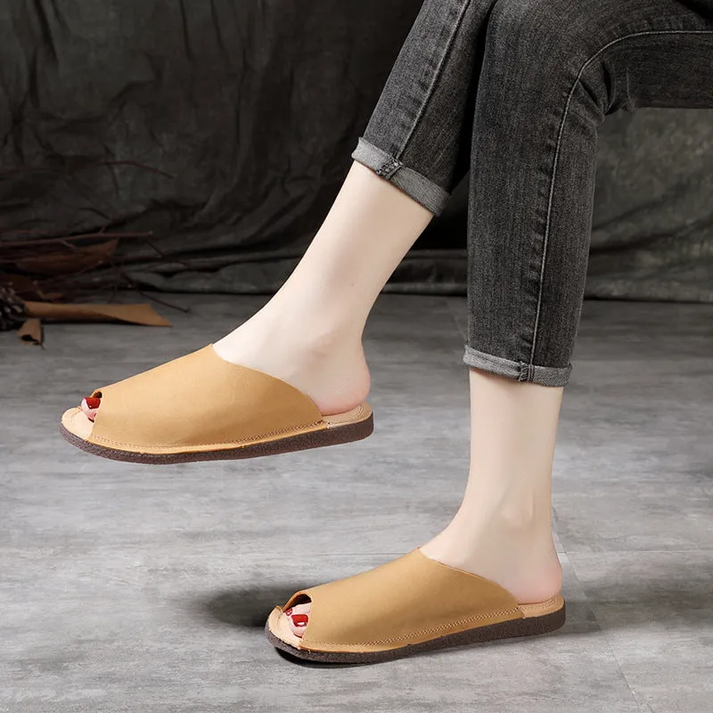 Women Retro Soft Cowhide Summer Flat Slides