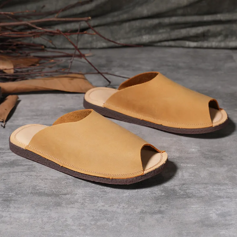 Women Retro Soft Cowhide Summer Flat Slides