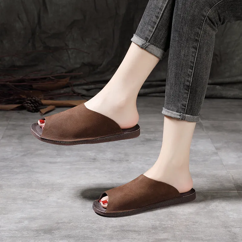 Women Retro Soft Cowhide Summer Flat Slides