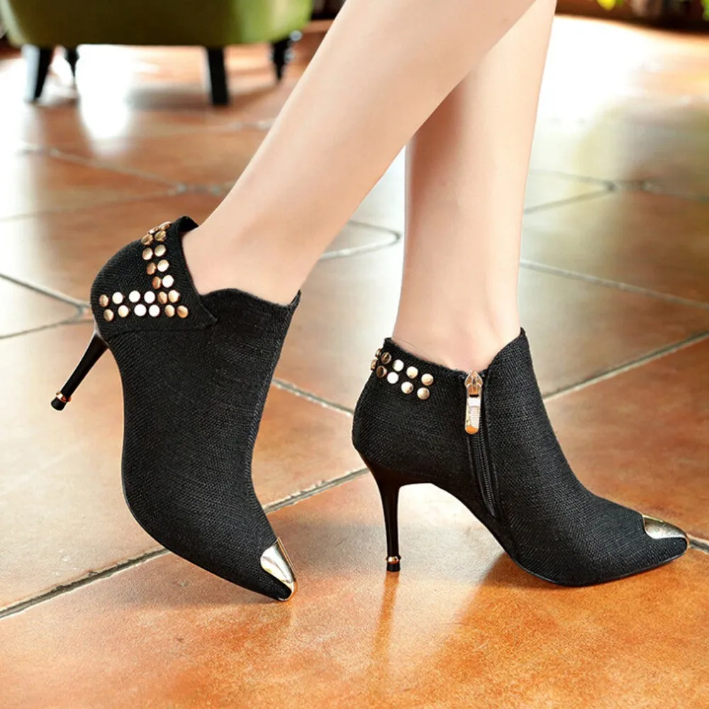 Women's Warm Pointed Toe Rivet High Heels Ankle Boots